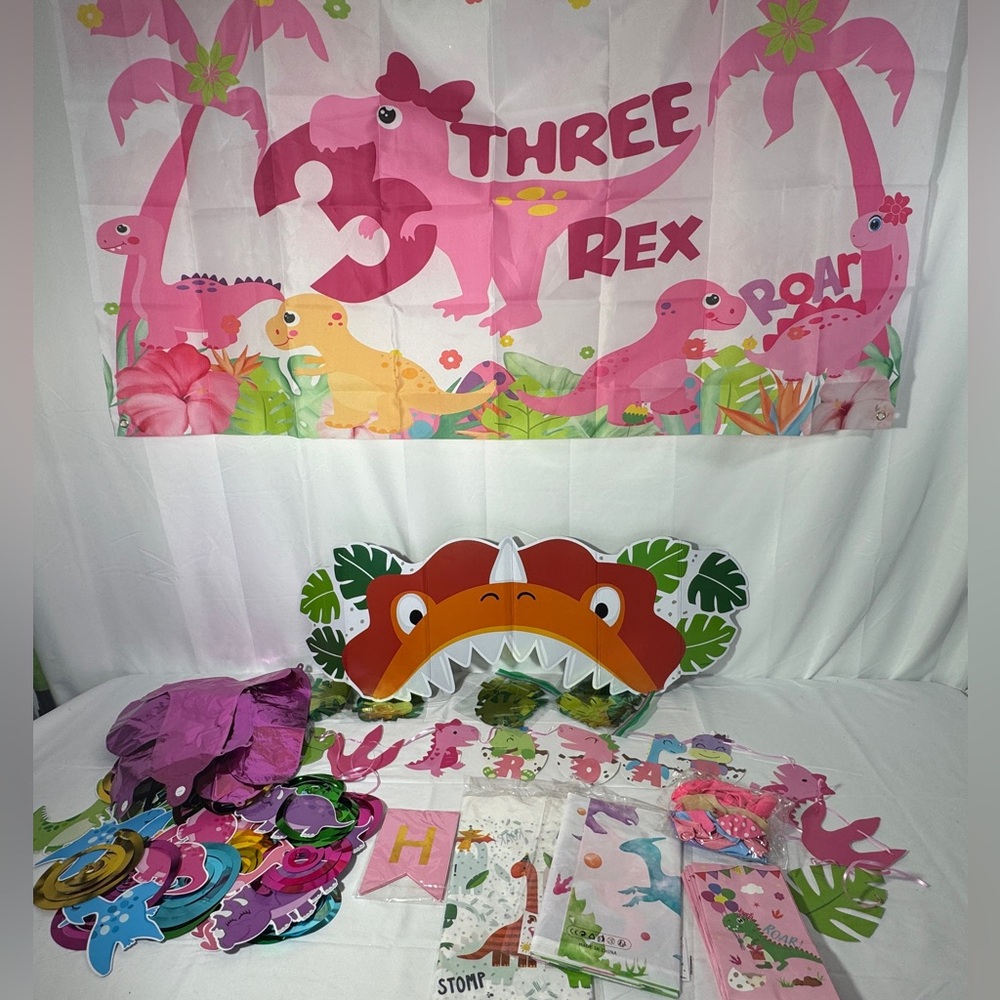 Girl Dinosaur 3rd Birthday Decoration Bundle Three-Rex Party Supplies